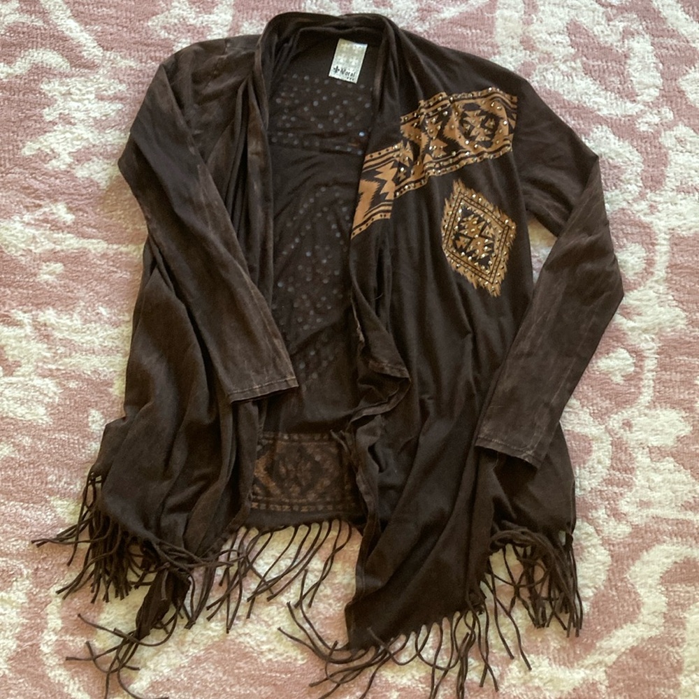 Brown Fringe Cardigan with Geometric Pattern